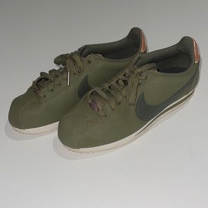 Olive green Nike Cortez with rose gold accents